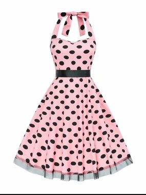 Pink Black Polka Dot Halter Swing Dress no belt
